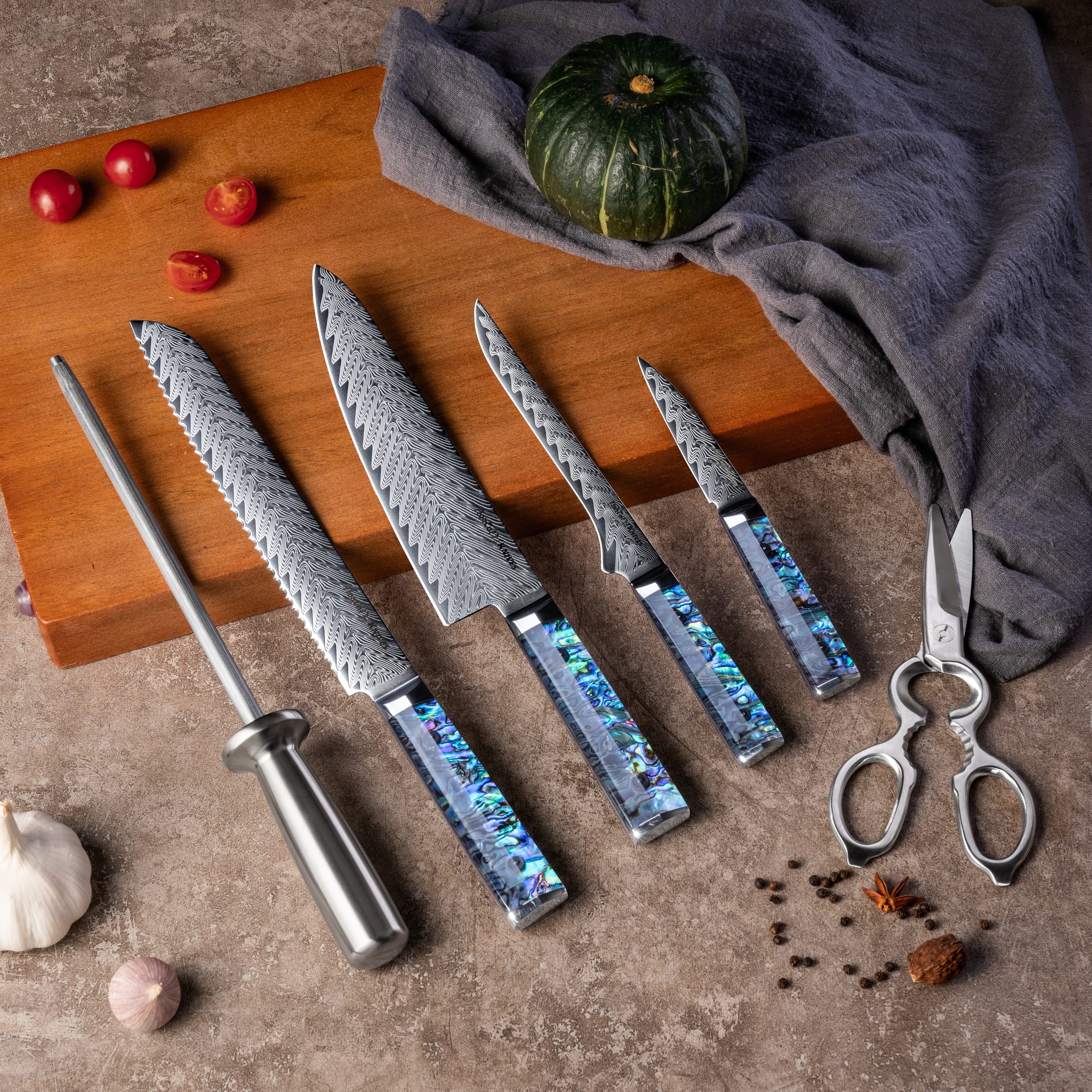 NorCal Knives - Abalone Handle 7 piece Block Set
