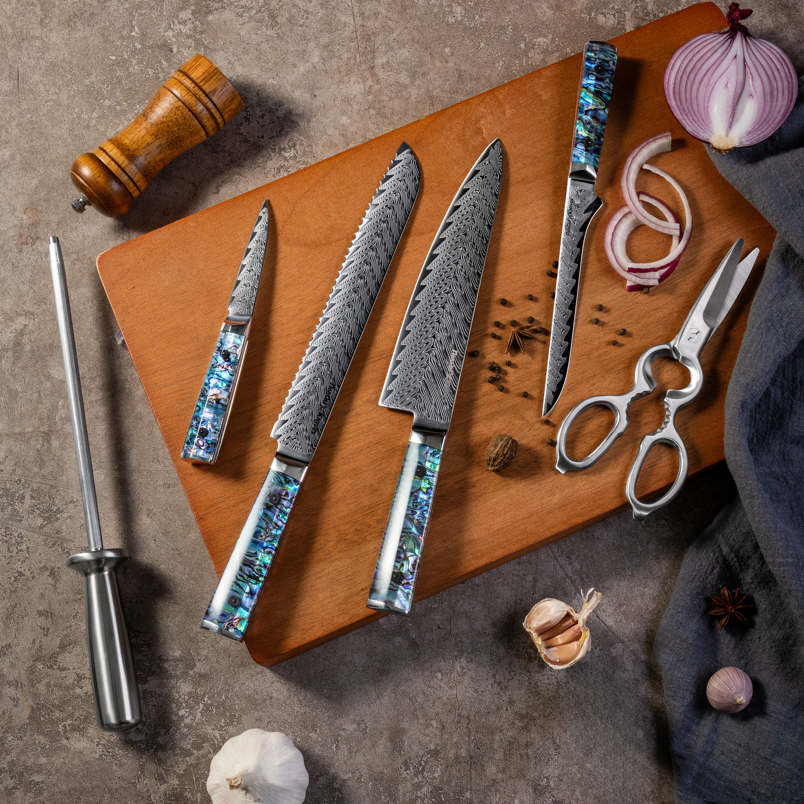 NorCal Knives - Abalone Handle 7 piece Block Set